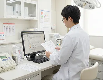 医師がパソコンで問診票確認を行っている様子