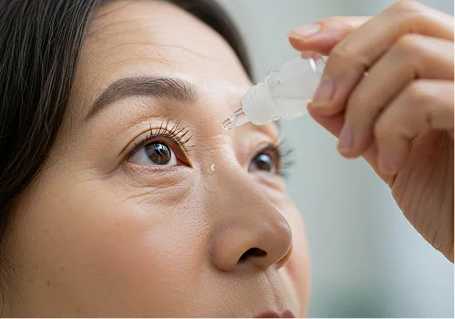 老眼の目薬を差す60代女性の顔のアップ