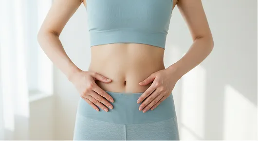 女性がジムウェアを着て手にお腹を当てている様子