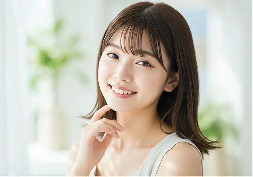 ２０代前半の女性。顔に手を当てている