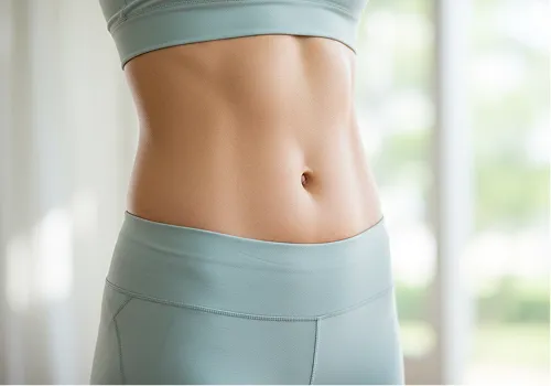 女性がジムウェアを着ていてお腹のアップの画像