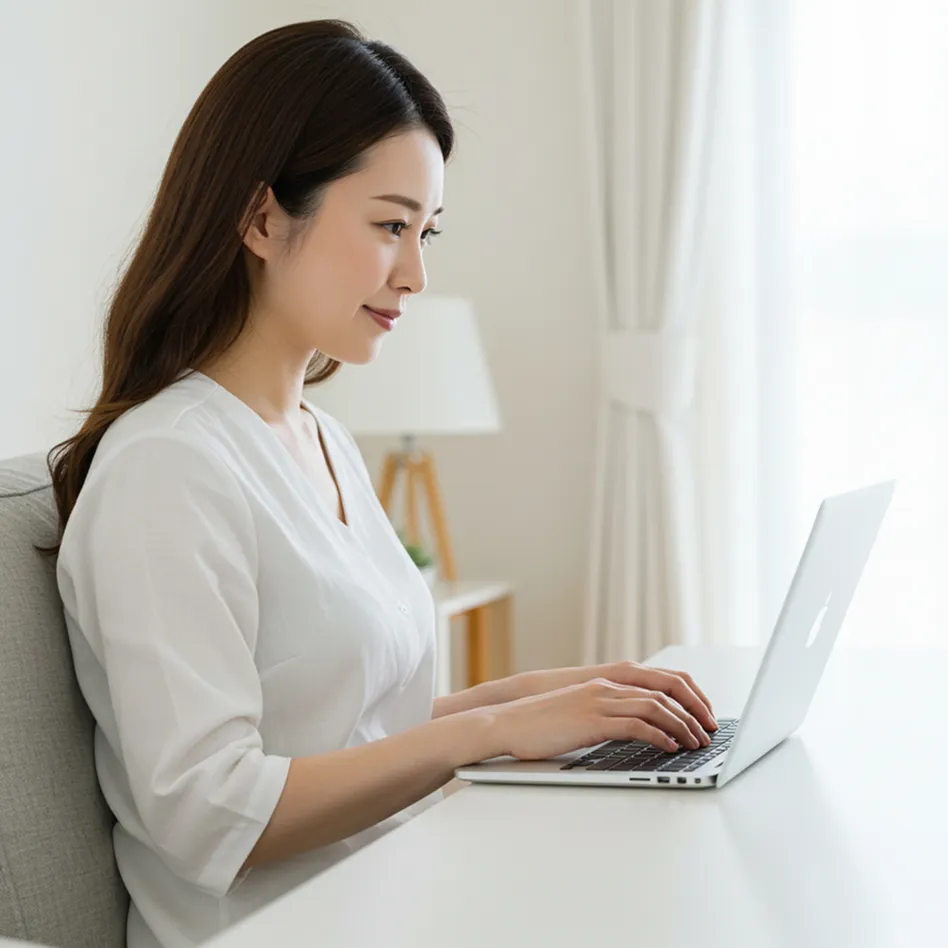 家でパソコンを触っている３０代女性